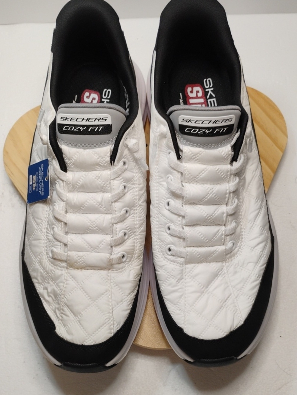 Skechers Cozy Fit Men's White and Black Quilted Slip-On Sneakers